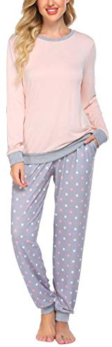 Ekouaer Pigiama Donna Invernale Lungo Set 2 Pezzi Tuta da Casa S-XXL | due tasche, vita elastica con coulisse, bordi a costine caldi, stampa elegante, tessuto morbido e traspirante, taglio casual