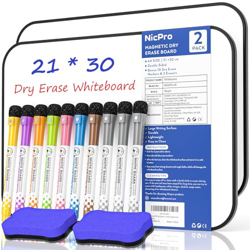Nicpro 2 Stück trocken abwischbares Whiteboards A4, doppelseitig Whiteboard Klein, 21 x 30 cm Whiteboard Magnetisch, inklusive 10 wasserbasierten Stiften und 2 Radiergummis für Schreiben und Zeichnen