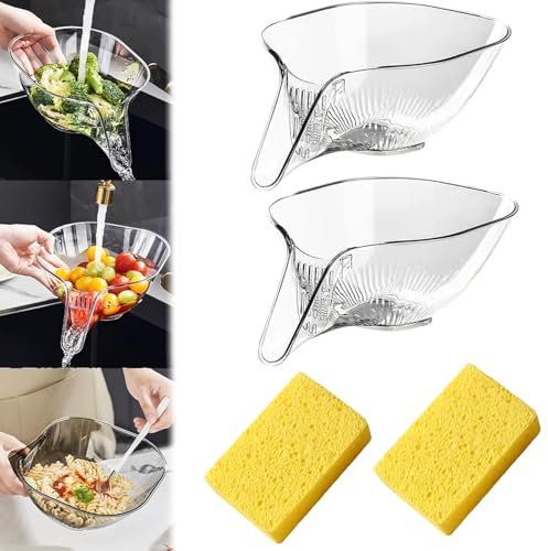 Multi-Functional Drain Basket, Drainage Basket Funnel, Kitchen Plastic Drainer Food Basket, Multifunctional Plastic Draining Bowl, for Washing Vegetable Fruit Salad (Transparent*2)