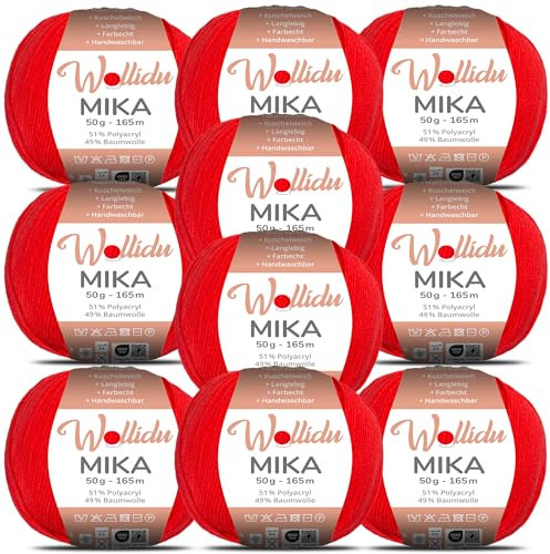 Wollidu Mika 51% Polyacryl 49% Baumwolle zum Häkeln und Stricken 10x 50g/165m Oeko-Tex Strickgarn Häkelgarn - Rot