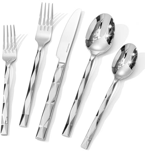 KINGSTONE Set di posate di lusso da 40 pezzi per 8 posate in acciaio inox 18/10 con motivo a taglio diamantato per cucina, casa, festa di nozze, lucidate a specchio, lavabili in lavastoviglie
