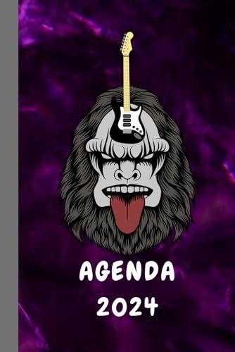 Agenda 2024: Thème rock de janvier 2024 à décembre 2024, intérieur noir et blanc, avec plages horaires de 7h à 19h avec belles illustrations de guitares et de rockers, 194 pages au total