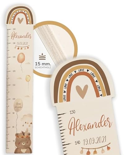 Kidsmood Messlatte für Kinder aus Holz, personalisiert mit Wunschnamen, Regenbogen Messlatte Kind Holz, individuelle Dekoration für Baby- & Kleinkinderzimmer