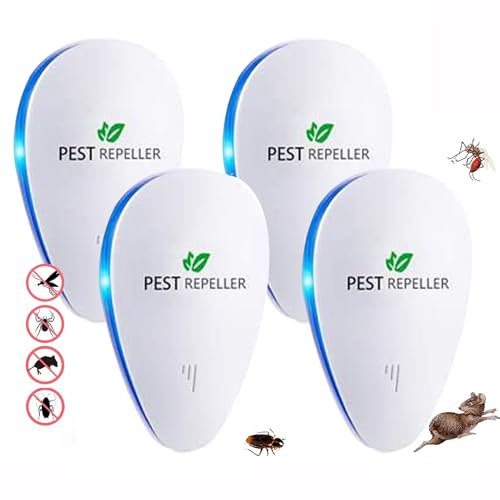 Repellente Ultrasuoni 2024, Mosche, Scarafaggi, Ragni, Formiche,Innocuo per Animali Domestici e Umani(Pacchetto di 4), Repellente Zanzare Ultrasuoni & Controllo dei Elettronica Anti Topi
