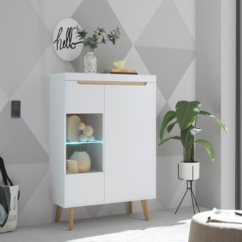 Lomadox Wohnzimmer Vitrine in Weiß Matt mit Eiche