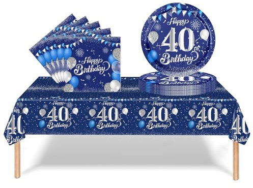 37Pcs 40th Birthday Tableware Set Navy Blue,40th Birthday Decorations with Party Paper Plates and Napkins,Plastic Table Cloth for Her His Women Men Happybirthday Table Decoration Dinnerware Supplies