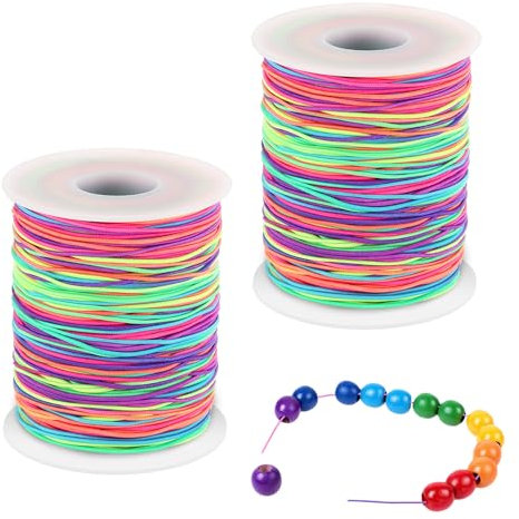 Auauraintt 200M Gummiband für Armbänder, 2 Rollen 1mm x 100m Elastisches Faden, Regenbogen Schmuckfaden, Elastische Nylonschnu, Perlenschnur für DIY Handwerk, Halskette, Schmuck