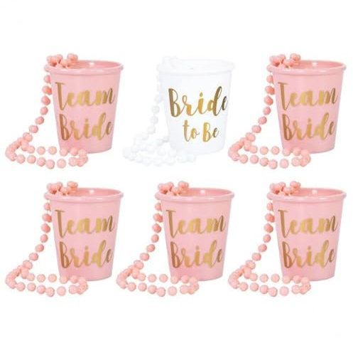 AMOYER 6pcs/set Bride Plastic Shot Glasses with Necklace Beads Bride Drinking Cup for Wedding Bachelorette Party Hen Party Favors