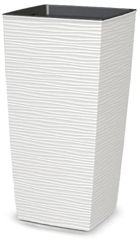 Tecnokit Plana vaso alto da esterno Aurora, vasi per piante da esterno, fioriera in polipropilene con sottovaso estraibile, effetto ondulato, dimensioni cm 35x35x68 h (Polipropilene (PP), Bianco)
