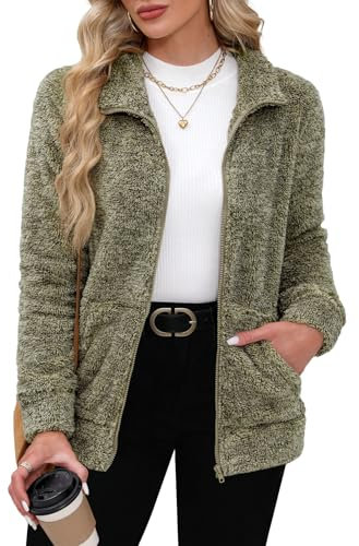 BesserBay Winter Damen Stehkragen Taschen Reißverschluss Warm Fleece Jacke Fashion Outdoor Plüschjacke Kaki L