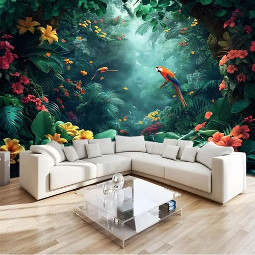 Papier Peint Intissé 3D Plantes Fleurs Perroquet de la Forêt Tropicale 200 x 140 cm, Papier Peint Panoramique Toison Tapisserie Photo Mural Affiche pour Salon Chambre d'Enfant Murale - Coloré
