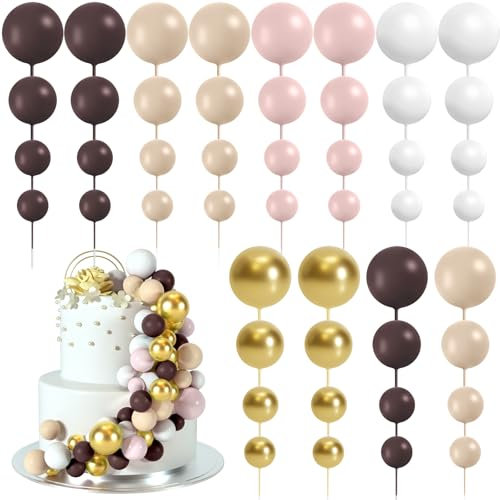BOUBONI Lot de 48 boules en mousse pour décoration de gâteau d'anniversaire, de mariage (marron, blanc, doré)