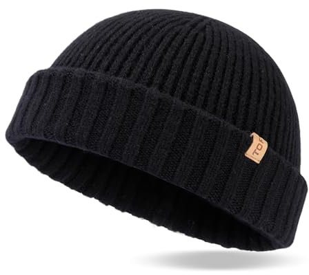 TOP-EX XL/XXL Mens 100% Merino Wool Fisherman Beanie for Women Trawler Beanie Winter Hat Warmer Knitted Cuffed Hat Black M/L