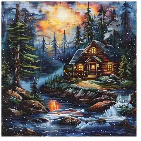 Xinpinzhou Kreuzstich Set Vorgedruckt Creek Landscape, Stickvorlagen Stickbilder Vorgedruckt Kreuzstich Stickpackungen Stickpackung Cross Stitch Embroidery Kit Stickset Sticken Set Erwachsene Anfänger
