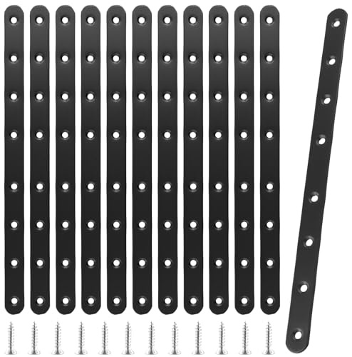 KEILEOHO 12 unidades de 293 x 19 mm, conectores planos negros de acero inoxidable, 8 agujeros, placas perforadas de acero inoxidable, conector de metal para muebles de madera