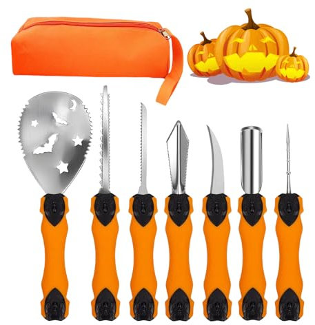Gaoxun Halloween Pumpkin Carving Kit, 7 Pcs Professional Heavy Duty Carving Set for Kids and Adults, Stainless Steel Tools with Carry Bag for Halloween Decoration Jack-O-Lanterns