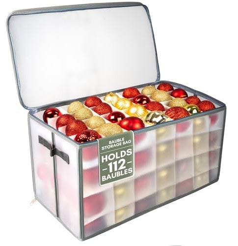 Pelle & Sol Christmas Bauble Storage Box with Dividers for 112 Ornaments, Christmas Decoration Storage with Zipped Lid, Handles, Sturdy Design - Perfect Storage Box for Christmas Decorations - Grey