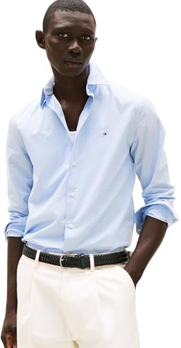 Tommy Hilfiger Uomo Camicia Flex Poplin Mini Print Regular Fit, Blu (Cloudy Blue), L