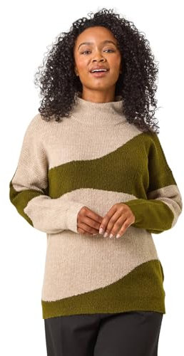 Roman Petite Colour Block Knit Jumper for Women UK - Ladies Everyday Autumn Winter High Neckline Comfy Soft Evening Vacation Work Party Night Out - Petite Khaki - Size 14