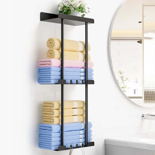 Porte Serviette Salle de Bain, Porte Serviette Mural, Support Serviette Salle de Bain Sans Perçage, Porte Serviette Accessoire Salle de Bain, Range Serviette Salle de Bain Noir Porte-serviettes