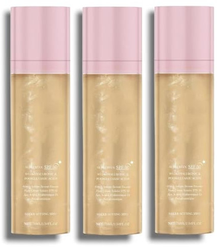 Brume solaire fixatrice transparente SPF 50, spray hydratant éclat sans maquillage, pour un teint éclatant, visage et corps. (3pcs)