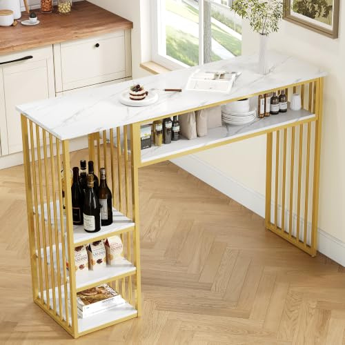 Soweiz Bartisch mit Stauraum, Kleiner Beistelltisch fürs Wohnzimmer, Konsolentisch, 140×40×105 cm (Weiß + Gold)