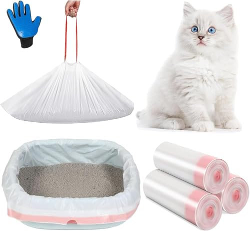 30 Sacs à Litière pour Chat, 3 Rouleaux Sacs Poubelles Épais Anti-Fuite avec Cordon de Serrage, Résistant à La Déchirure Sac Litiere Chat, Sac a Litiere pour Chat, Forte Capacité de Charge (Rose)