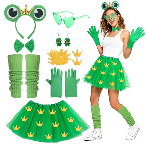 8 Stück Froschkönig Kostüm Damen, Frosch Kostüm Erwachsene enthalten Frosch Haarreif, Krone Filzgleiter, Ohrringe, Grüne Sonnenbrille,Beinlingen,Tüllrock Grün,Froschkostüm für Karneval, Halloween