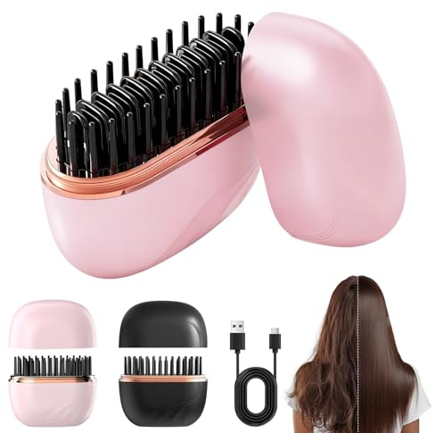Mini-Glätteisen Bürste Kabellos, Schnelles Aufheizen, Tragbare Glättbürste mit 3 Temperaturstufen, Für Alle Haartypen (Rosa)