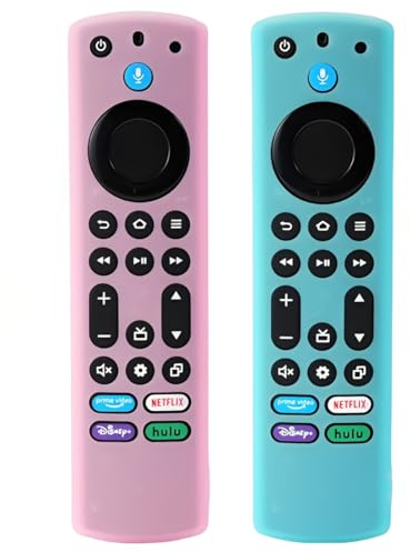 VRYNDH Silikon-Fernbedienungshülle (2er-Pack) fluoreszierend,Kompatibel mit Fire TV Stick 4K Max/Toshiba/Insignia/Sprachfernbedienung mit Verlängerungskabel und Trageband (Blau + Rosa)