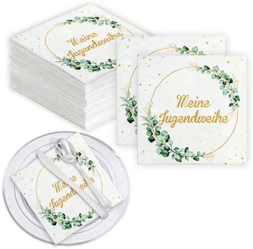 Guidre 100 Stück Servietten Jugendweihe Deko,Servietten Meine Jugendweihe mit, Grün Papierservietten Tischdeko Jugendweihe Jungen Mädchen Deko für Mädchen Jungen Erwachsene Party(1/4-Falz,33 * 33cm)