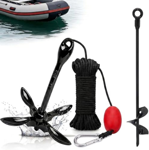FUNTEN Anker Bootsanker, 1,59 kg, klappbar, mit 12m Marine-Seil、Karabiner und Spiral Bodenanker, für SUP und Schlauchboot