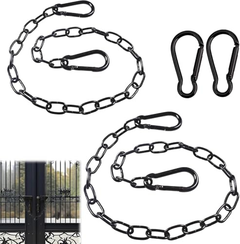 Hwanme 2 Pcs Gate Chain Lock,Black Metal Chains,Stainless Steel Gate Link Chain Lock with 2 Detachable Carabiners for Outdoor Fences, Pet Cages, Horse Goat Cow Corrals（20 Inch and 24 Inch）