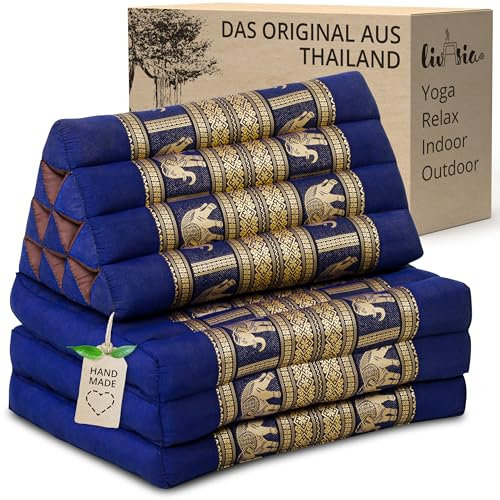 livasia Thaikissen 3 Auflagen Thaiseide - 175x55x8cm - Dreieckskissen mit Klappmatratze, Rückenkissen faltbar, Thaimatte zum Klappen, Kapok handgefertigt, Meditationskissen (Blau/Elefanten Seide)