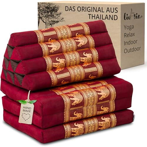 livasia Thaikissen 3 Auflagen Thaiseide - 175x55x8cm - Dreieckskissen mit Klappmatratze, Rückenkissen faltbar, Thaimatte zum Klappen, Kapok handgefertigt, Meditationskissen (Rot/Elefanten Seide)