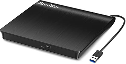 Rioddas External CD Drive USB 3.0 Portable CD DVD +/-RW Drive DVD/CD ROM Rewriter Burner Writer Compatible with Laptop Desktop PC Windows Mac Pro MacBook, black.