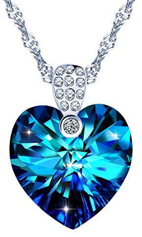 Yumilok Damen Halskette mit Anhänger Herz blau Herz des Ozeans Zirkonia Kristall Swarovski Kette 925 Sterling Silber Geschenke für Frauen