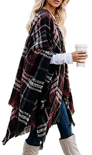 Bestshe Women's Boho Open Front Poncho Knitted Plaid Shawl Wrap Cape Tassel Cardigan Sweater