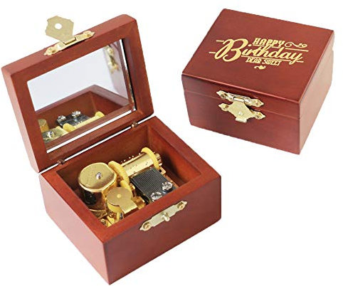 Youtang Spieluhr Happy Birthday geschnitztes Holz zum Aufziehen Gold-Mechanismus Musikgeschenk mit Spiegel