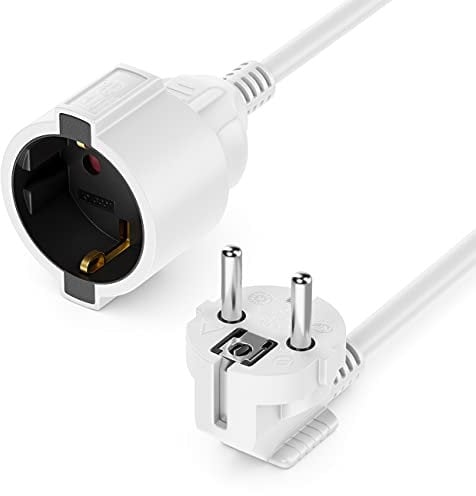 deleyCON 3,0m Verlängerungskabel Stromkabel Netzkabel Verlängerung Schutzkontakt Stecker Typ F (CEE 7/4) 90° Gewinkelt auf Buchse (CEE 7/3) Berührungsschutz TV PC Computer Beamer - Weiß