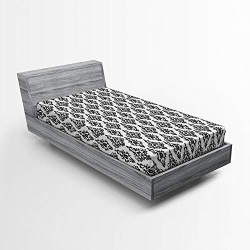 ABAKUHAUS Damast Spannbetttuch, Schwarzweiss-Barock, Soft Dekorativer Stoff Bettwäsche Rund-um Elastischer Gummizug, 90 x 200 cm, Grau Weiß