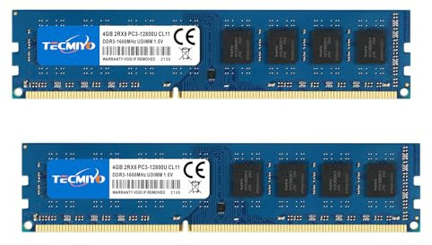 TECMIYO 8GB Kit(2x4GB) DDR3 PC3-12800U DDR3 1600MHz 8GB Memoria RAM CL11 1.5V 240Pin Non-ECC Unbuffered UDIMM Módulo de Memoria Ram de Escritorio