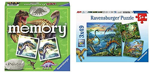 Ravensburger – 22099 – Lernspiel – Memory, Dinosaurier & Kinderpuzzle 09317 - Faszination Dinosaurier - 3 x 49 Teile