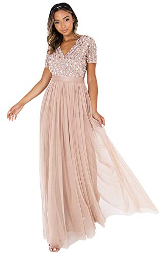Maya Deluxe Damen Maxi Abendkleid Elegant Hochzeit V-ausschnitt Brautjungfernkleid Empiretaillierung Abschlussball Bridesmaid Dress, Taupe Blush, 36 EU