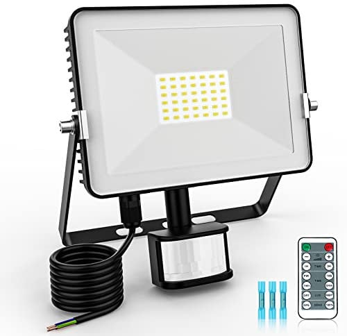 FEAHRZEUG 30W Security Lights Outdoor Motion Sensor with Remote Control 3000 Lumen PIR Light IP66 Waterproof Motion Sensor Flood Garden Light Security Perfect for Forecourt Garages