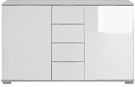 Lomadox Schlafzimmer Sideboard in weiß mit weißem Glas, B/H/T ca. 130/83/41 cm