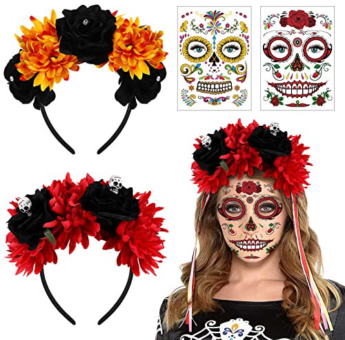 FRCOLOR Haarreif mit Blumen, Tag der Toten Rosen Haarreif mexikanischen Blumen Kronen mit 2 Stück Halloween Temporäre Gesicht Tattoos Toten Schädel Tattoos (Rot und Orange)