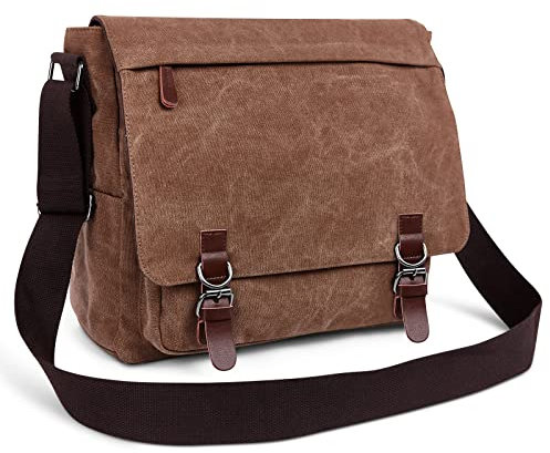 DORRISO Moda Bolso de Bandolera Hombres Bolsa de Hombro Lona para Viaje Escolares Trabajo Bolsos 13.3 Pulgadas Portátil Cruzados Bolsa de Ordenador Hombres Lona Messenger Bag Marrón