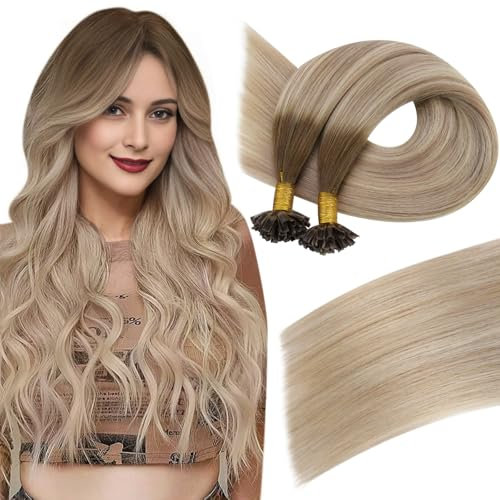 Easyouth Balayage Bonding Extensions Echthaar Remy Keratin Extensions Echthaar Bondings 55 cm Ash Brown Mix Platinum Blonde und Ash Blonde 50g/50Stück #8/60/18