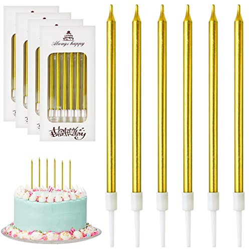 DONQL Birthday Cake Candles, Tall Cake Candles, Long Birthday Candles, Thin Cupcake Candles with Holders for Birthday Cake Baby Shower Cake Wedding Party Decoration（24Pcs Gold